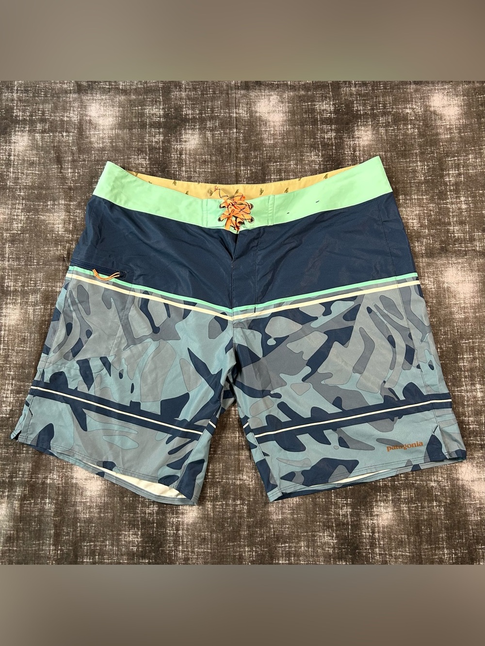Patagonia Stretch Planing Board Shorts Mens 40x9 Stone Blue Stripes Tekamo Camo